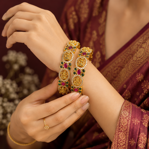 Mankairoop Premium Temple Jewellery Bangles – Ruby Green Stones