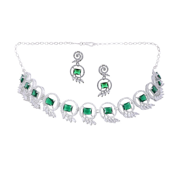 Mankairoop Silver-Plated Emerald Green CZ Necklace Set