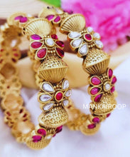 Mankairoop Gold Plated Floral Ruby & White Stone Bangles