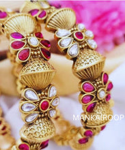 Mankairoop Gold Plated Floral Ruby & White Stone Bangles