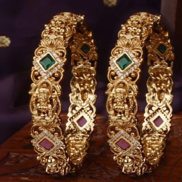 Mankairoop Traditional Gold-Plated Bangles with Red & Green Stone Embellishments – Set of 2