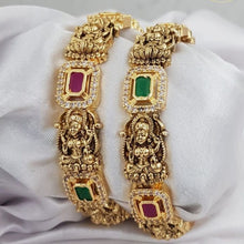 Mankairoop Temple Lakshmi Gold-Plated Bangles | Green & Ruby  Stone South Indian Bridal Jewelry | Traditional Goddess Design Kada for Women