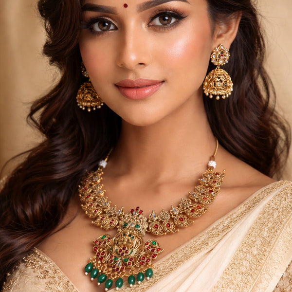 Mankairoop South Indian Temple Jewellery Set Gold Plated Necklace with Earrings for Wedding & Festive Wear