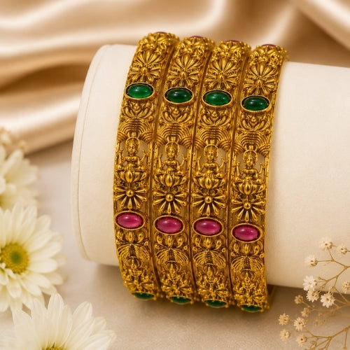 Mankairoop Temple Design Gold Plated Bangles Set with Green & Pink Stones pack of 4 pic