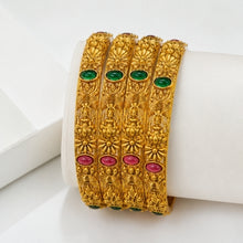 Mankairoop Temple Design Gold Plated Bangles Set with Green & Pink Stones pack of 4 pic