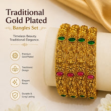 Mankairoop Temple Design Gold Plated Bangles Set with Green & Pink Stones pack of 4 pic