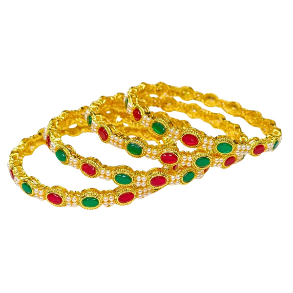 Mankairoop Elegant Gold-Plated Bangles with Red & Green Stones