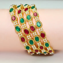 Mankairoop Elegant Gold-Plated Bangles with Red & Green Stones