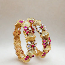 Mankairoop Gold Plated Floral Ruby & White Stone Bangles