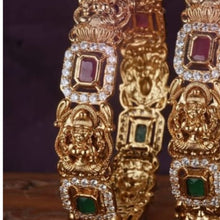 Mankairoop Temple Lakshmi Gold-Plated Bangles | Green & Ruby  Stone South Indian Bridal Jewelry | Traditional Goddess Design Kada for Women
