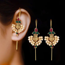 Mankairoop Handcrafted Temple Pearl Drop Earrings with Ruby & Emerald Finish – Antique Gold Traditional Jewelry