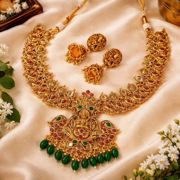 Mankairoop South Indian Temple Jewellery Set Gold Plated Necklace with Earrings for Wedding & Festive Wear