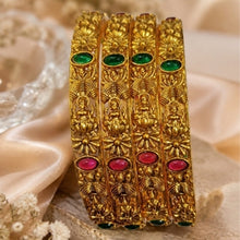 Mankairoop Temple Design Gold Plated Bangles Set with Green & Pink Stones pack of 4 pic