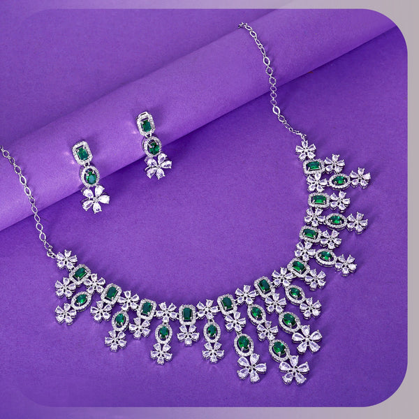 Mankairoop Rhodium-Plate Green & AAA Cubic Zirconia Studded Premium NecKlace Set