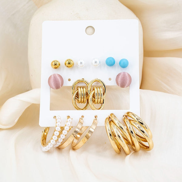 Mankairoop Gold Multi-Design Earring Set – 9 Pair Stud & Hoop Combo