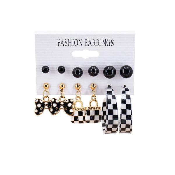 Mankairoop Trendy Black & White Checkered Earring Set – 6 Pair Combo