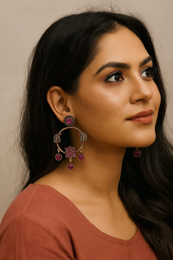 Mankairoop Royal Antique Earrings with Pink Drops